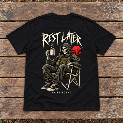 HARDPOINT Rest Later Tee, Classic Black, back view. AI-styled product mockup.