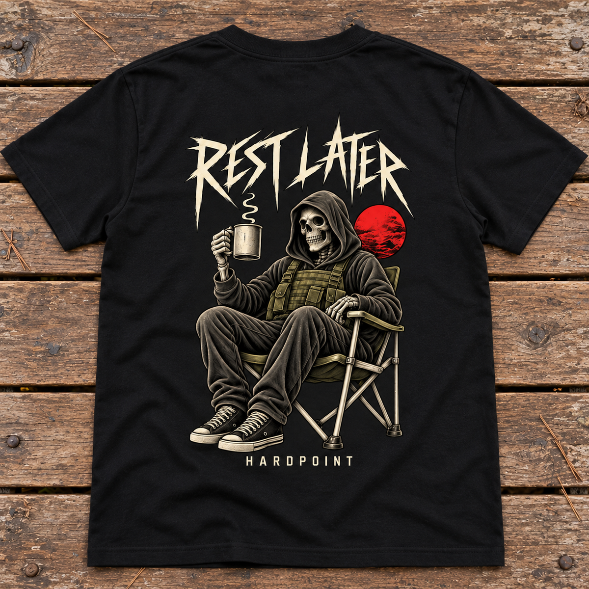 HARDPOINT Rest Later Tee, Classic Black, detail view. AI-styled product mockup.