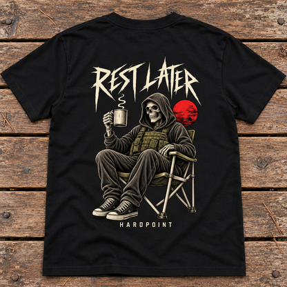 HARDPOINT Rest Later Tee, Classic Black, detail view. AI-styled product mockup.