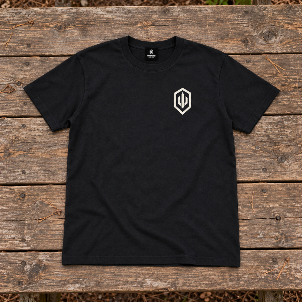 HARDPOINT Rest Later Tee, Classic Black, front view. AI-styled product mockup.