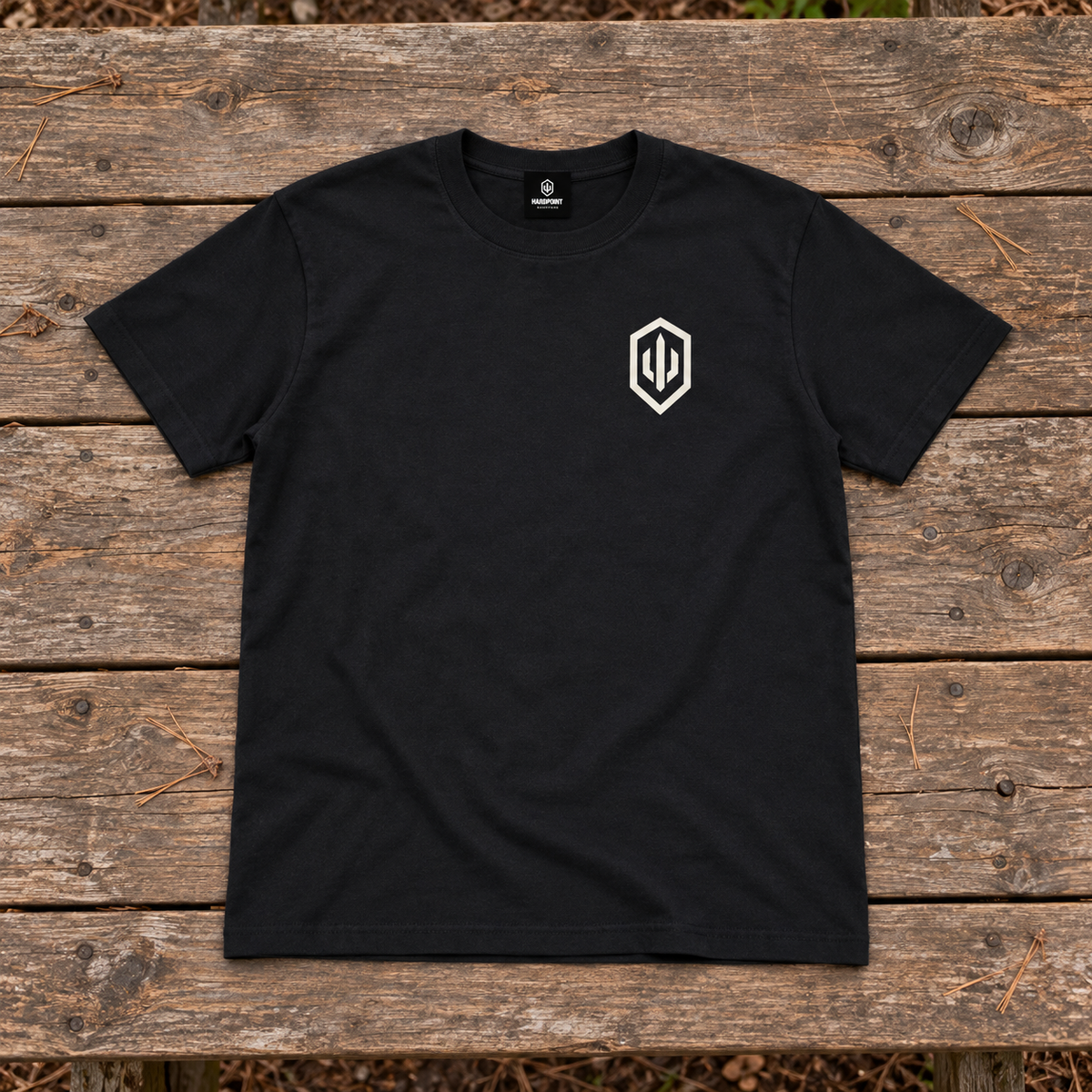 HARDPOINT Rest Later Tee, Classic Black, front view. AI-styled product mockup.