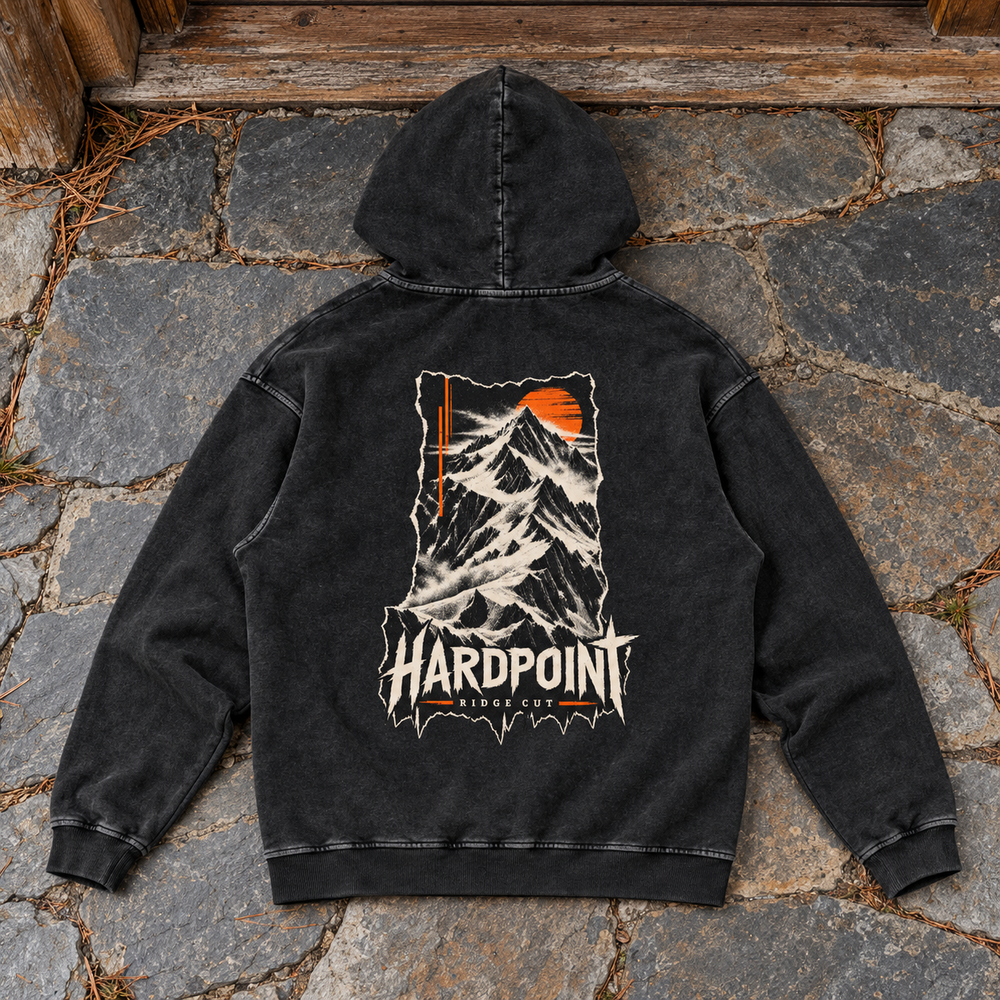 HARDPOINT Ridge Cut Heavyweight Hoodie, Black Beauty, back view. AI-styled product mockup.