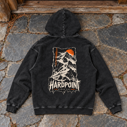 HARDPOINT Ridge Cut Heavyweight Hoodie, Black Beauty, back view. AI-styled product mockup.