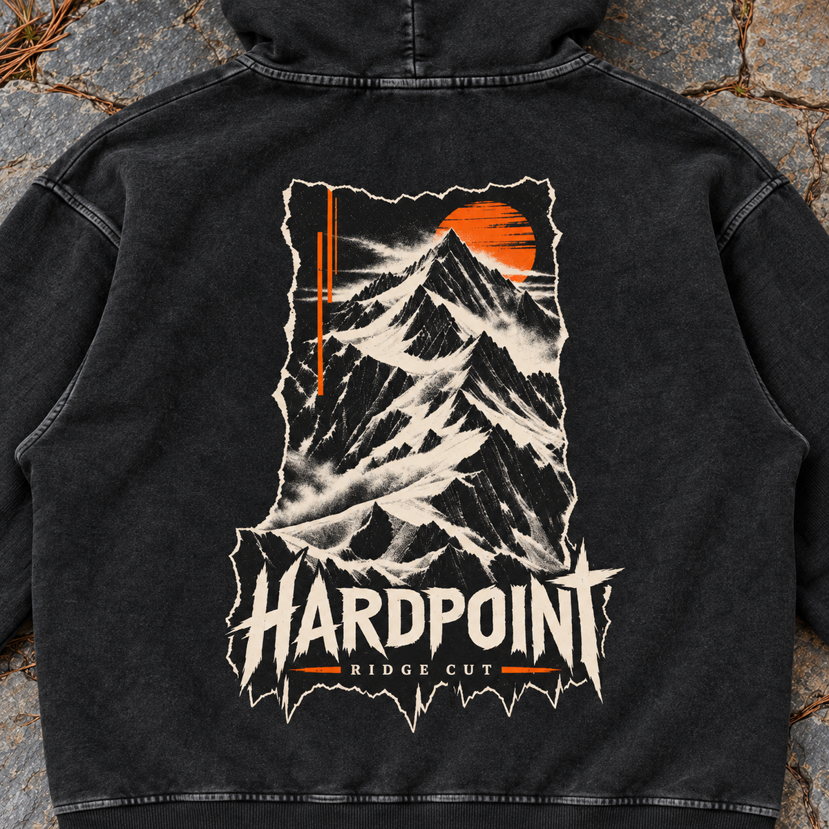 HARDPOINT Ridge Cut Heavyweight Hoodie, Black Beauty, detail view. AI-styled product mockup.