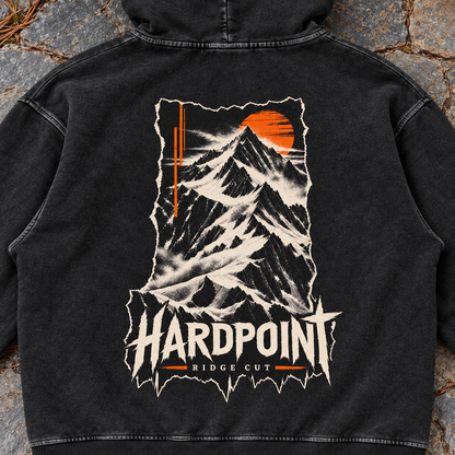 HARDPOINT Ridge Cut Heavyweight Hoodie, Black Beauty, detail view. AI-styled product mockup.