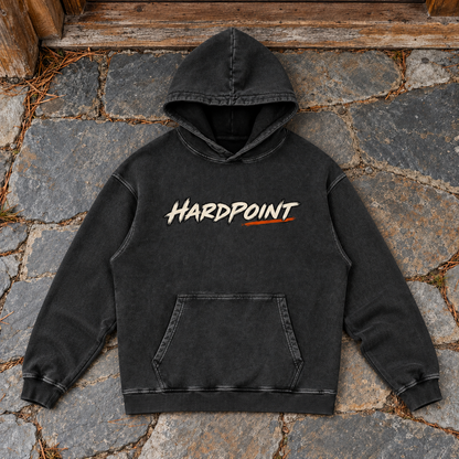 HARDPOINT Ridge Cut Heavyweight Hoodie, Black Beauty, front view. AI-styled product mockup.