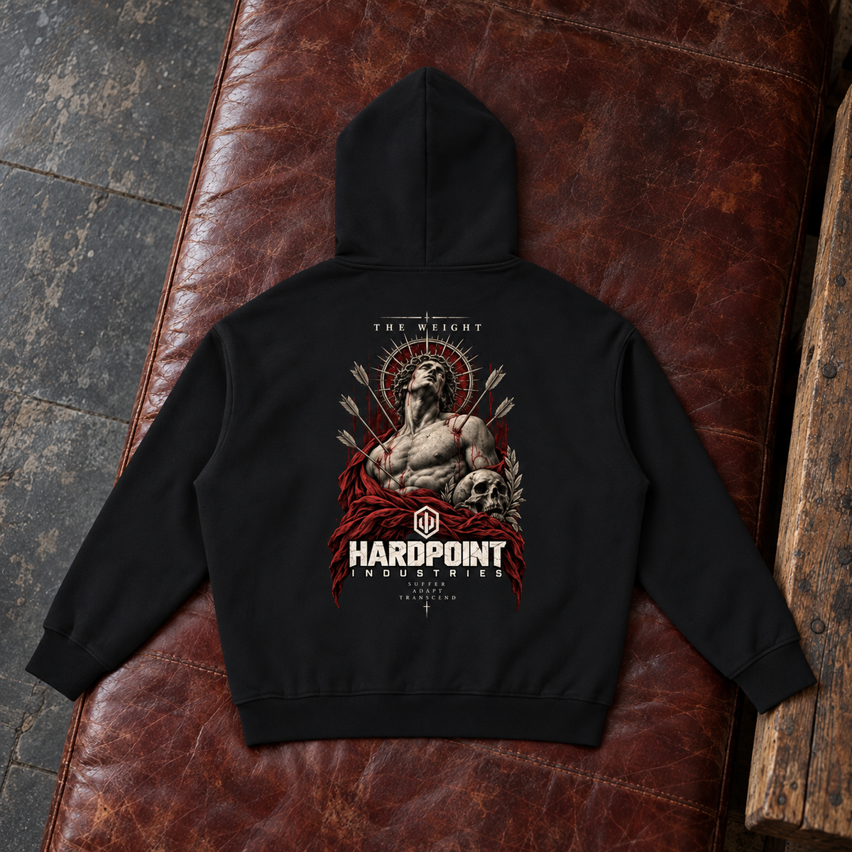 HARDPOINT The Regent Heavyweight Hoodie, Black, back view. AI-styled product mockup.
