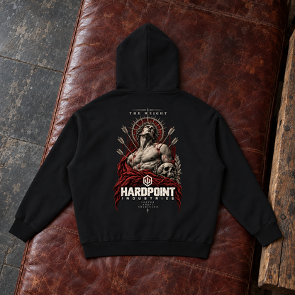 HARDPOINT The Regent Heavyweight Hoodie, Black, back view. AI-styled product mockup.