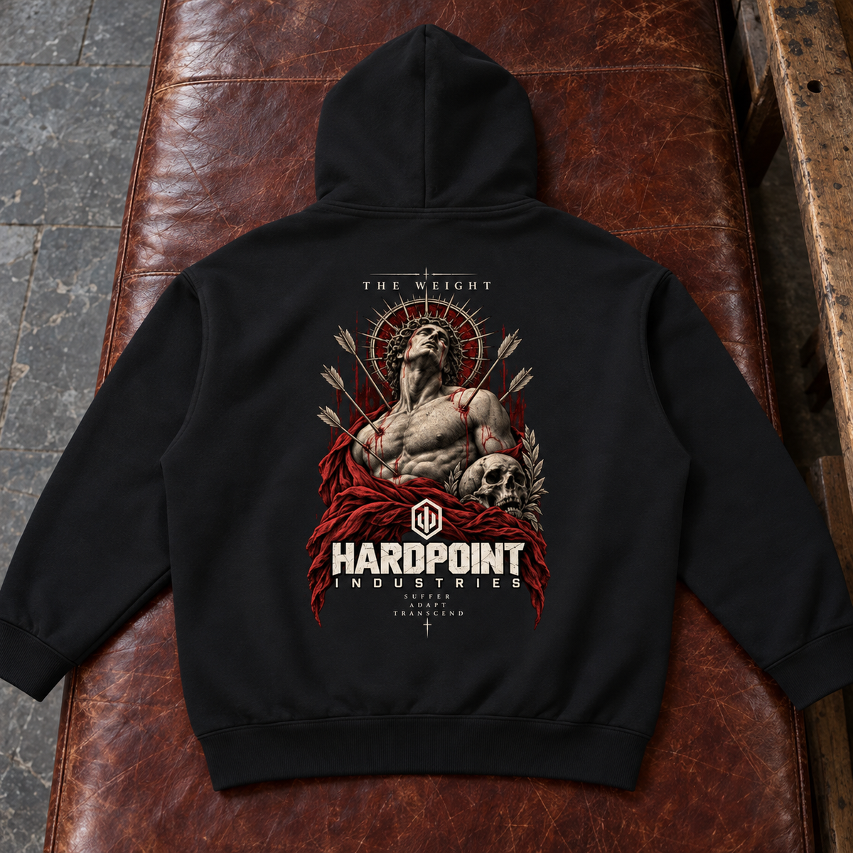 HARDPOINT The Regent Heavyweight Hoodie, Black, detail view. AI-styled product mockup.