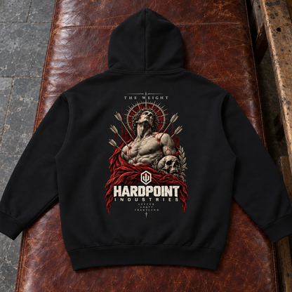 HARDPOINT The Regent Heavyweight Hoodie, Black, detail view. AI-styled product mockup.
