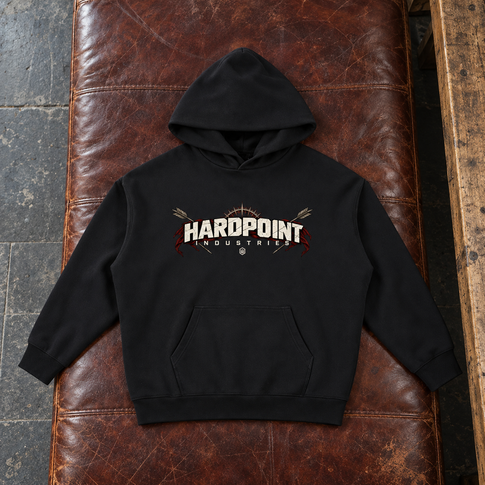 HARDPOINT The Regent Heavyweight Hoodie, Black, front view. AI-styled product mockup.