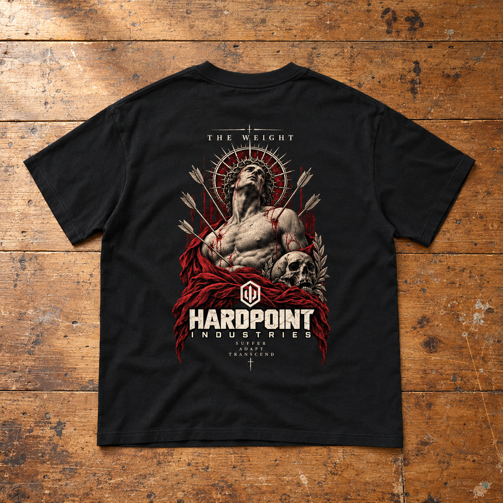 HARDPOINT The Regent Tee, Black, back view. AI-styled product mockup.