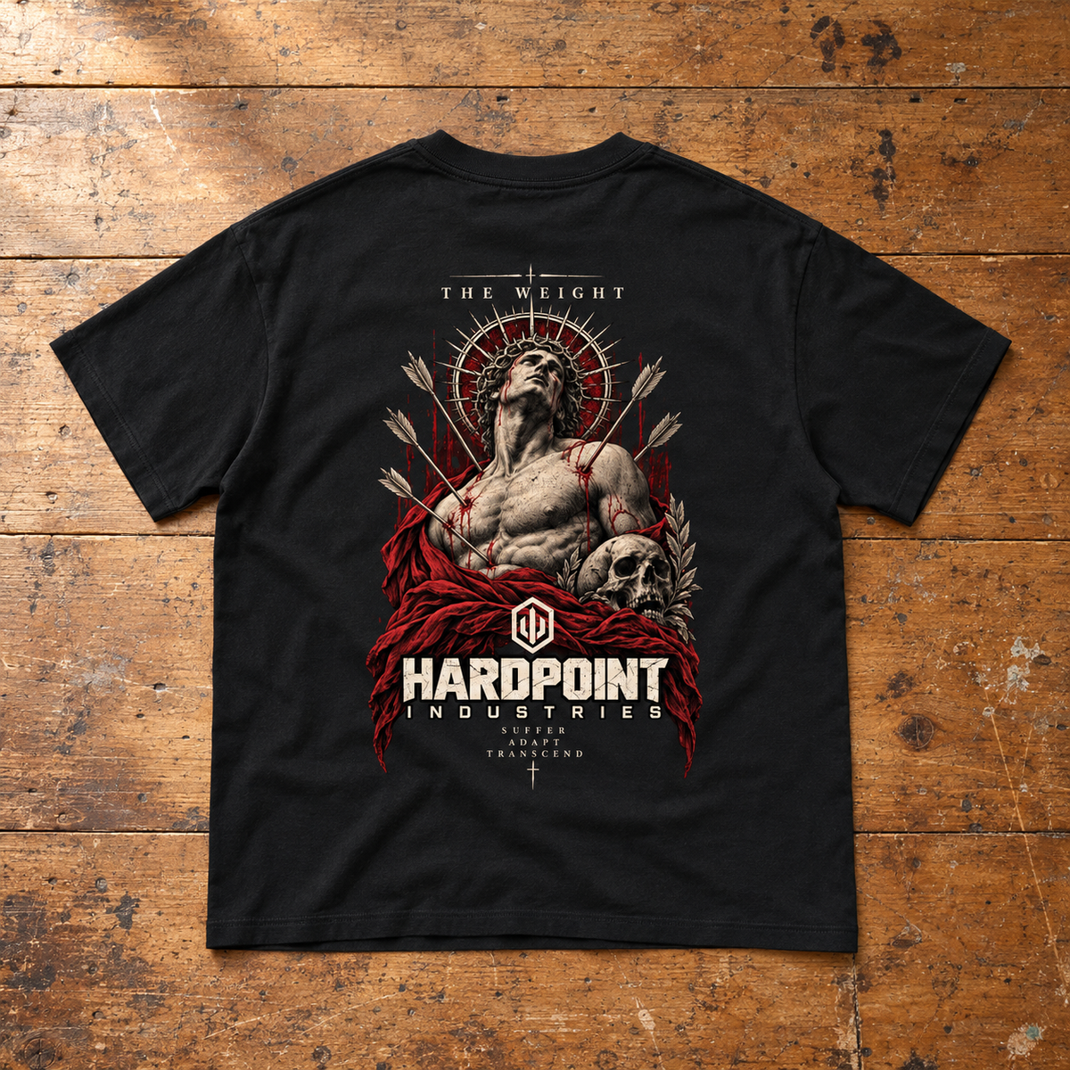 HARDPOINT The Regent Tee, Black, back view. AI-styled product mockup.