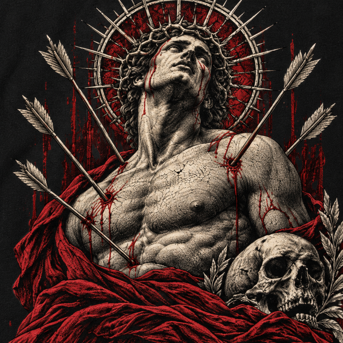 HARDPOINT The Regent Tee, Black, detail view. AI-styled product mockup.