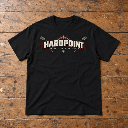 HARDPOINT The Regent Tee, Black, front view. AI-styled product mockup.