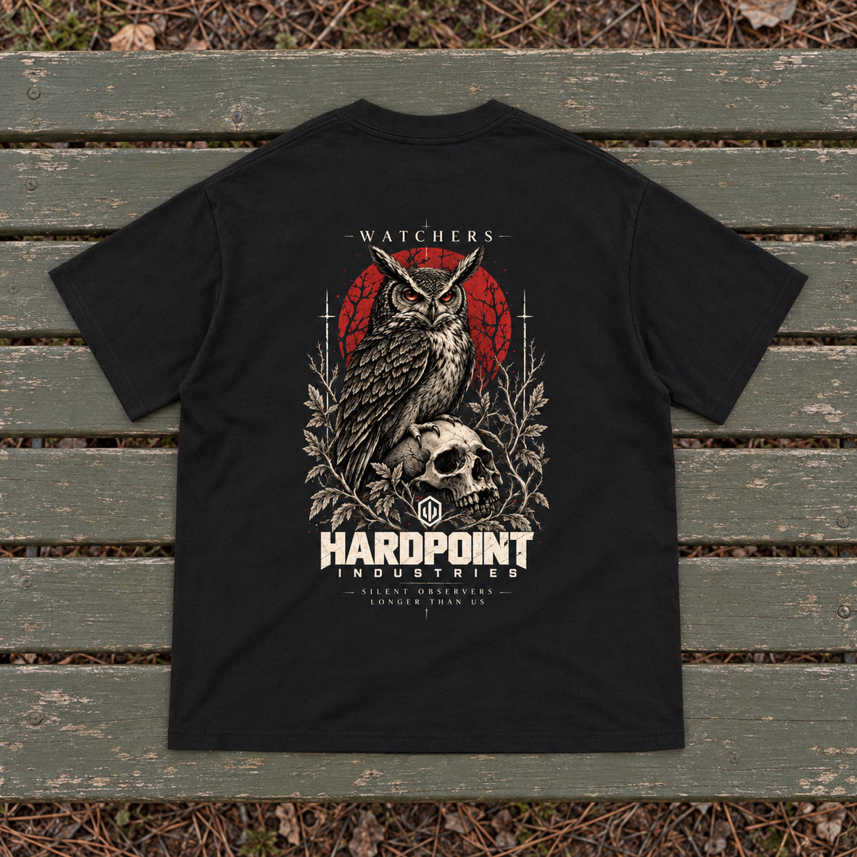 HARDPOINT Watchers Tee, Black, back view. AI-styled product mockup.