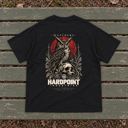 HARDPOINT Watchers Tee, Black, back view. AI-styled product mockup.