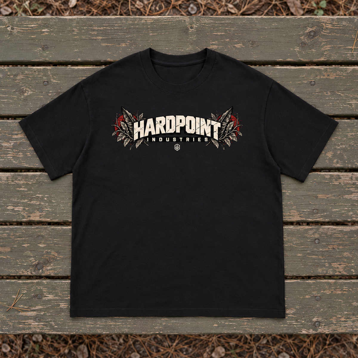 HARDPOINT Watchers Tee, Black, front view. AI-styled product mockup.