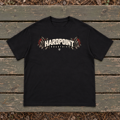 HARDPOINT Watchers Tee, Black, front view. AI-styled product mockup.