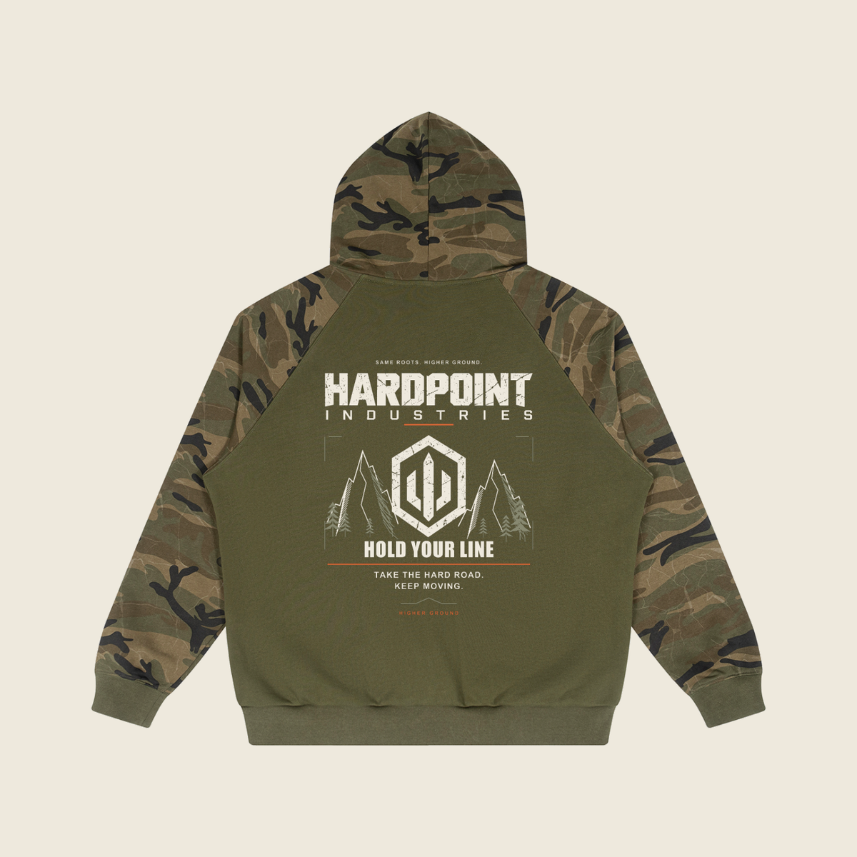 HARDPOINT Hold Your Line Camo Zip Hoodie — back graphic, Army Green with Green Camo