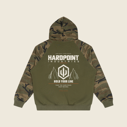 HARDPOINT Hold Your Line Camo Zip Hoodie — back graphic, Army Green with Green Camo