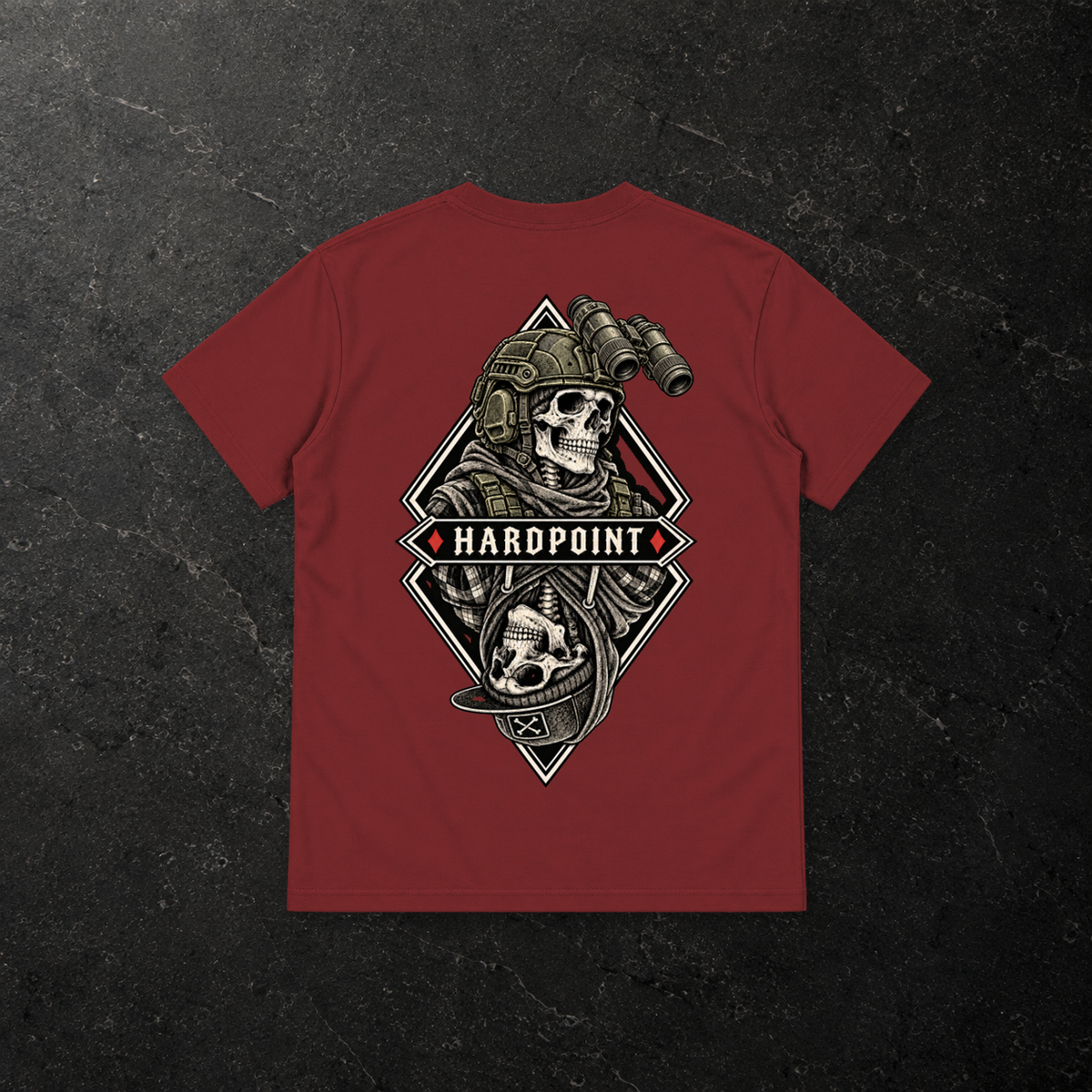 HARDPOINT Duality Tee — back, Wine Red — styled product mockup