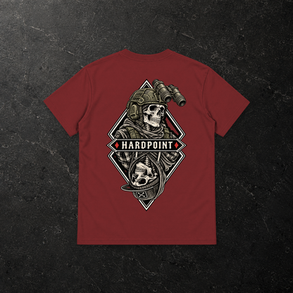 HARDPOINT Duality Tee — back, Wine Red — styled product mockup