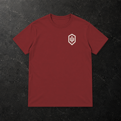 HARDPOINT Rest Later Tee — front, Wine Red — styled product mockup