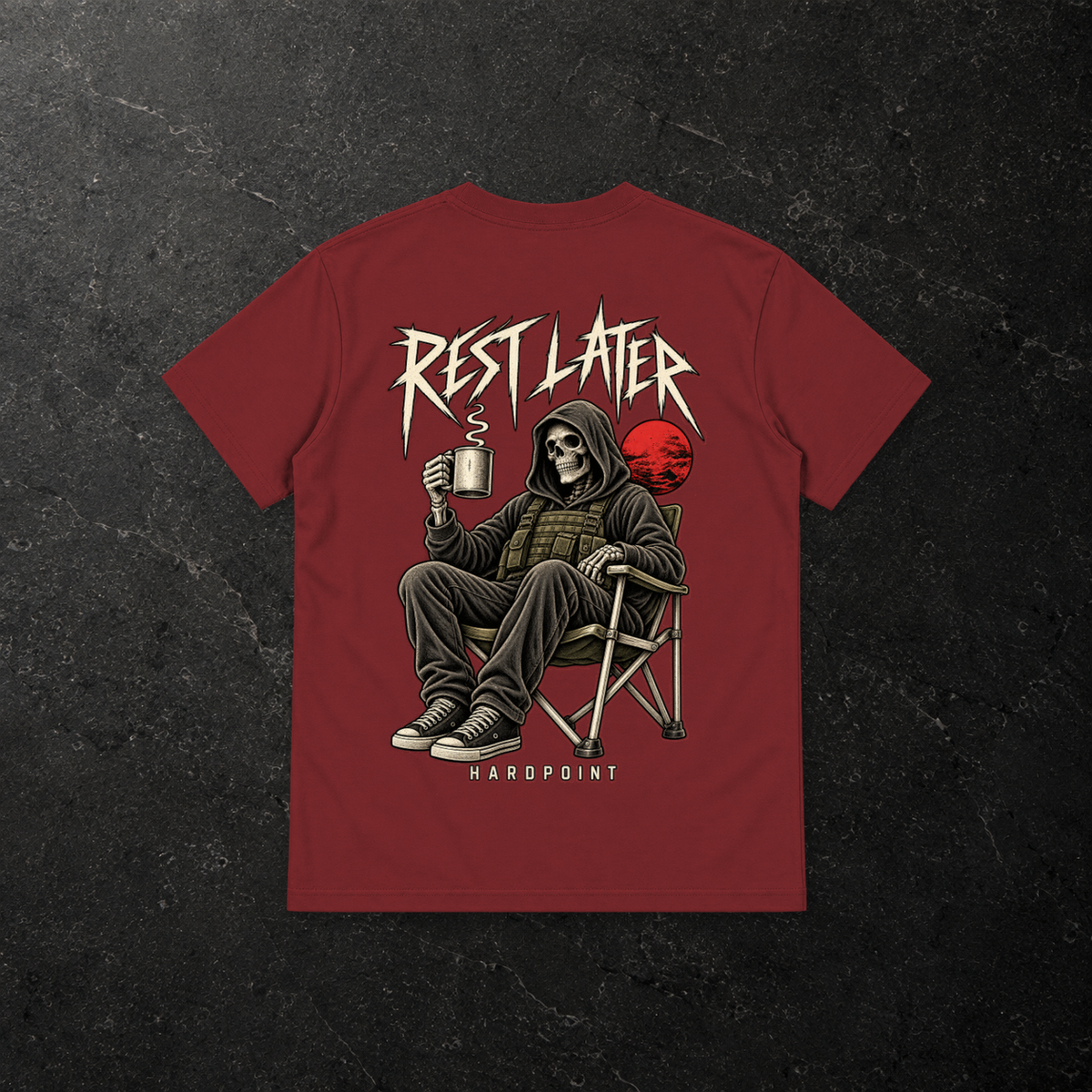 HARDPOINT Rest Later Tee — back, Wine Red — styled product mockup