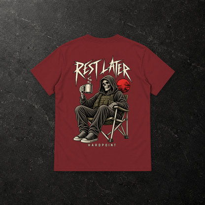 HARDPOINT Rest Later Tee — back, Wine Red — styled product mockup