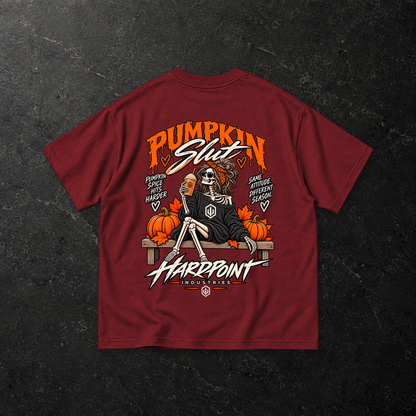 HARDPOINT Pumpkin Slut Skeleton Tee — back, Wine Red — styled product mockup