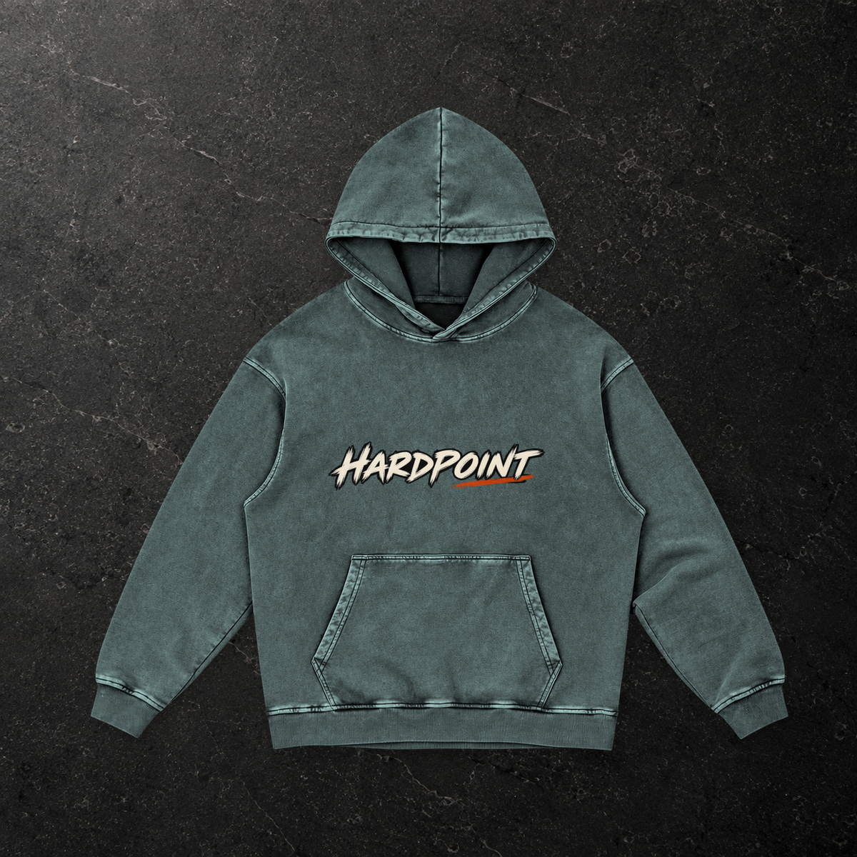 HARDPOINT Ridge Cut Heavyweight Hoodie — front, Dark Green — styled product mockup