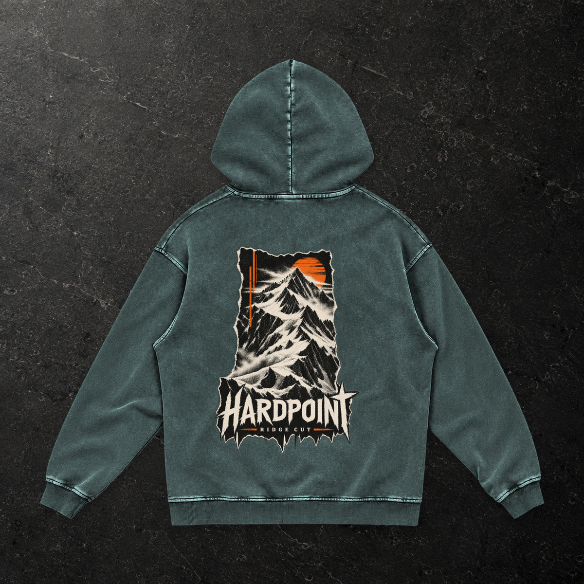 HARDPOINT Ridge Cut Heavyweight Hoodie — back, Dark Green — styled product mockup