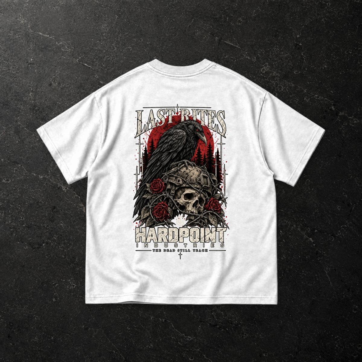 HARDPOINT Last Rites Tee — back, White — styled product mockup