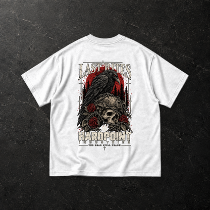 HARDPOINT Last Rites Tee — back, White — styled product mockup