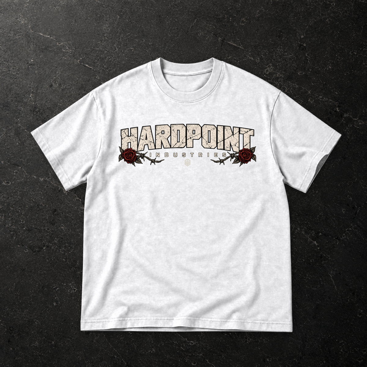 HARDPOINT Last Rites Tee — front, White — styled product mockup