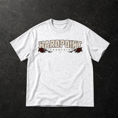 HARDPOINT Last Rites Tee — front, White — styled product mockup