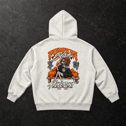 HARDPOINT Pumpkin Slut Skeleton Heavyweight Hoodie — back, Oat Gray — styled product mockup