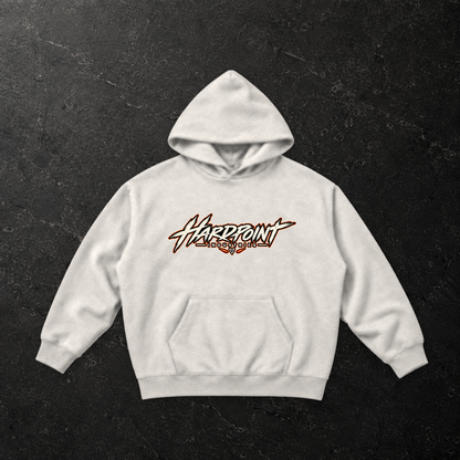 HARDPOINT Pumpkin Slut Skeleton Heavyweight Hoodie — front, Oat Gray — styled product mockup