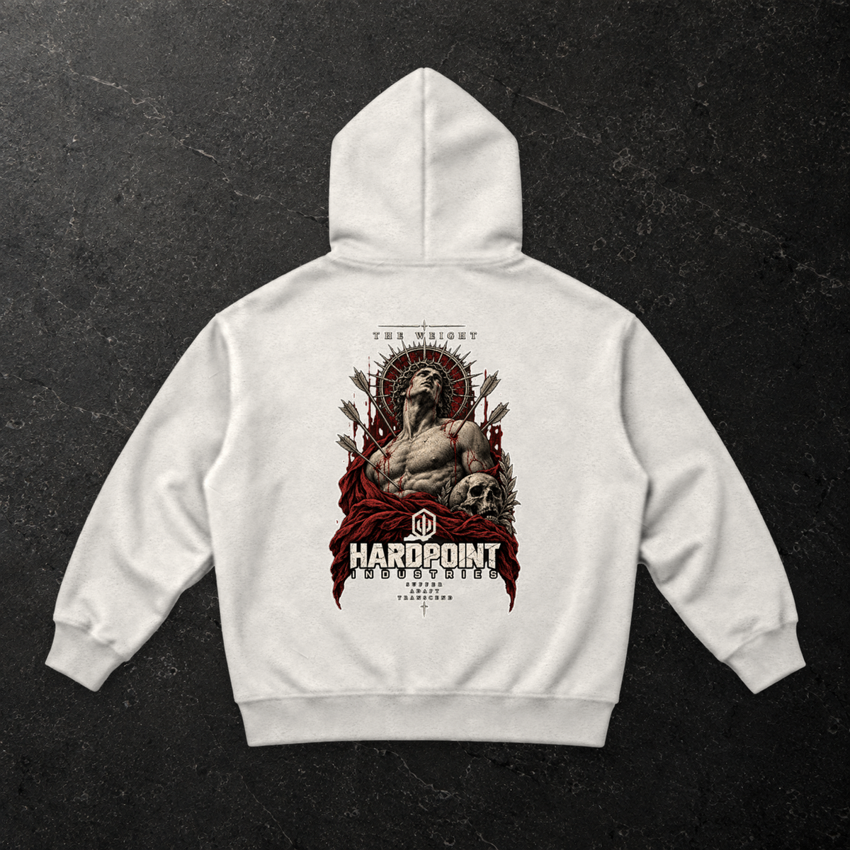 HARDPOINT The Regent Heavyweight Hoodie — back, Oat Gray — styled product mockup