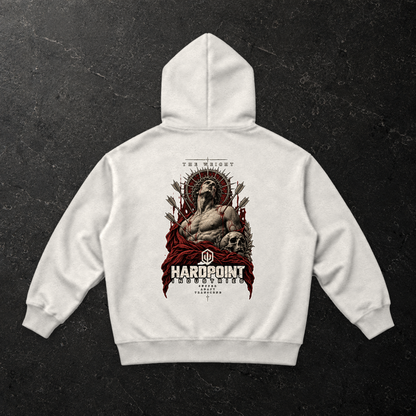 HARDPOINT The Regent Heavyweight Hoodie — back, Oat Gray — styled product mockup