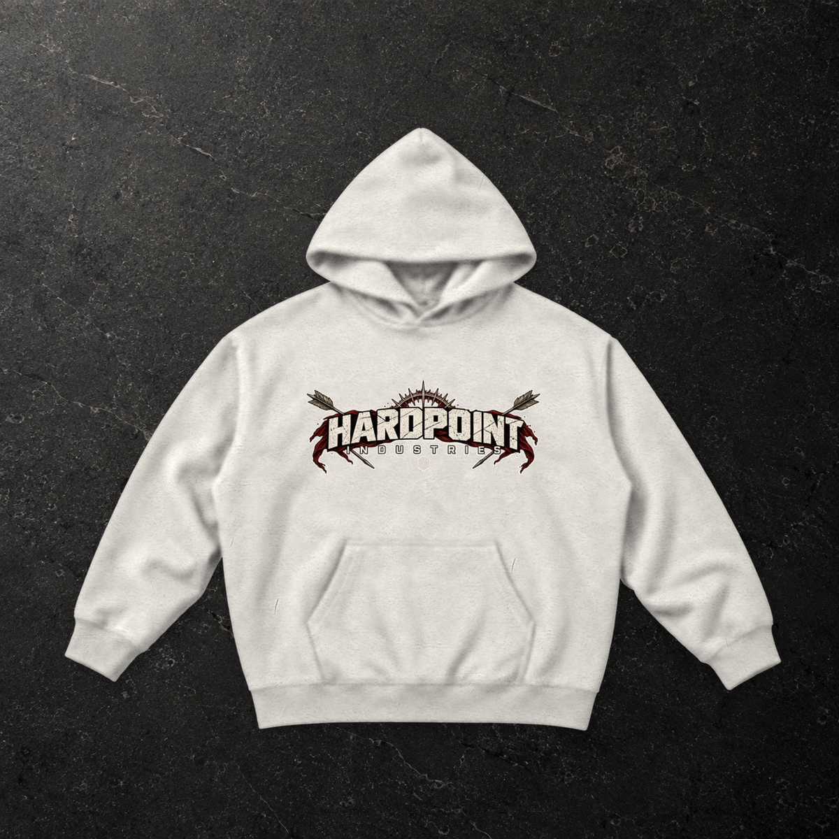 HARDPOINT The Regent Heavyweight Hoodie — front, Oat Gray — styled product mockup