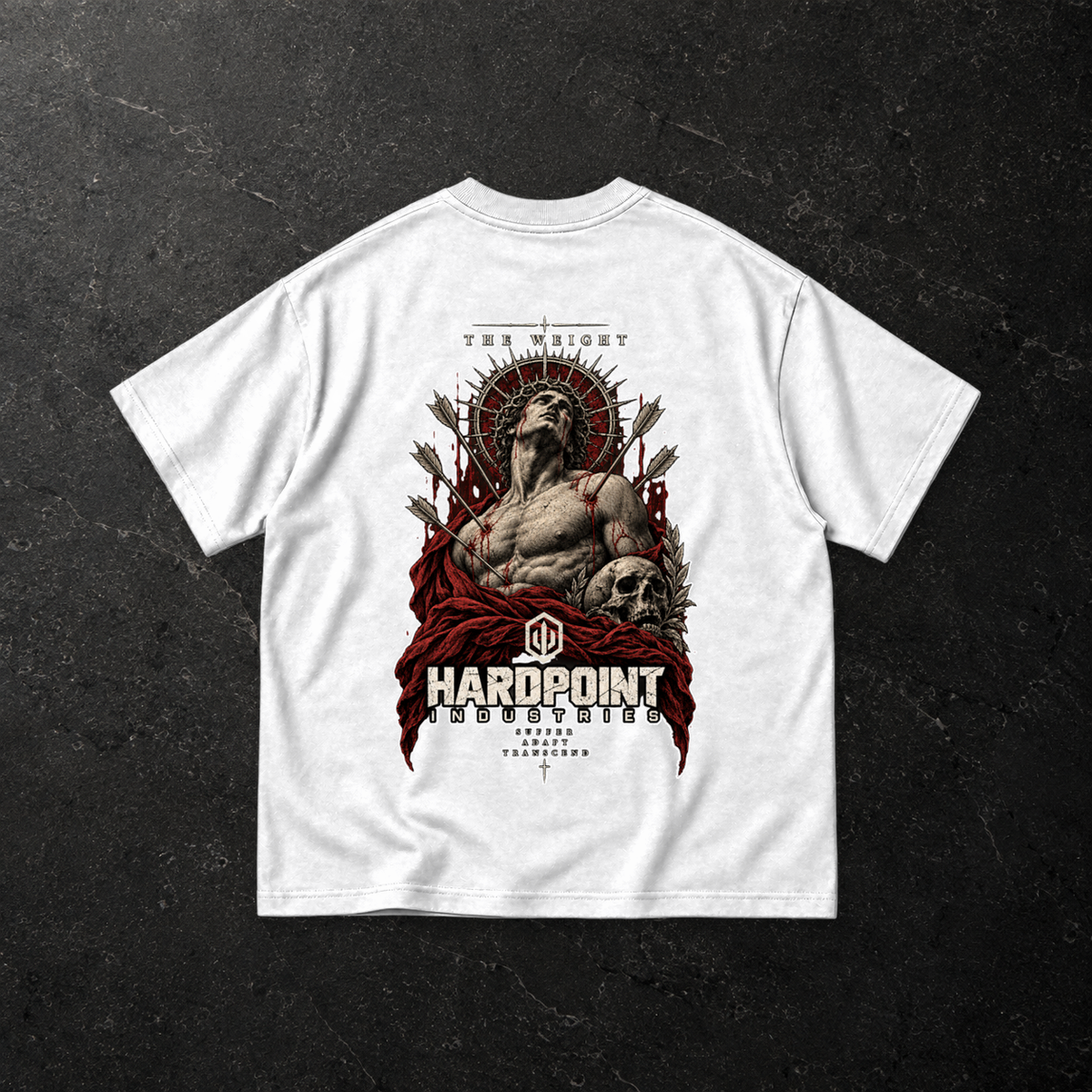 HARDPOINT The Regent Tee — back, White — styled product mockup
