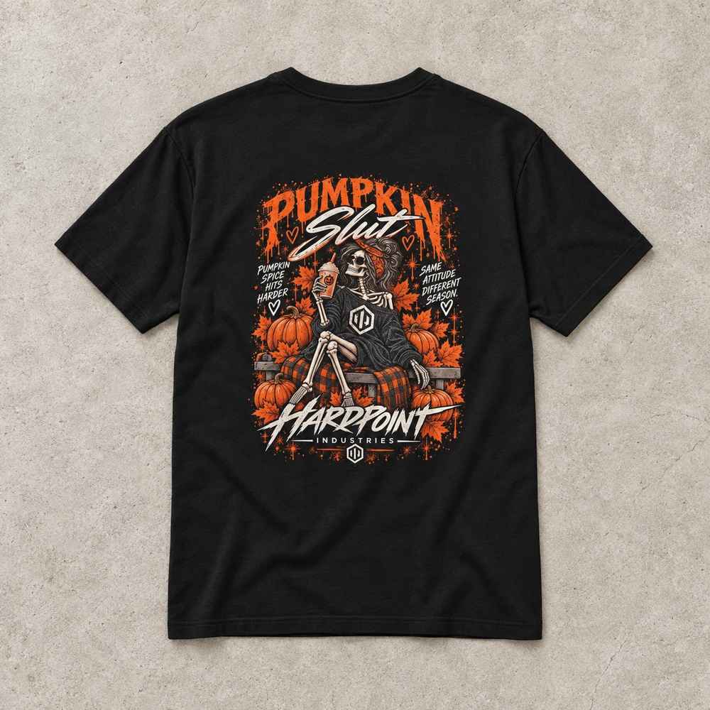 HARDPOINT Pumpkin Slut Skeleton Supima Tee — styled product mockup, back view