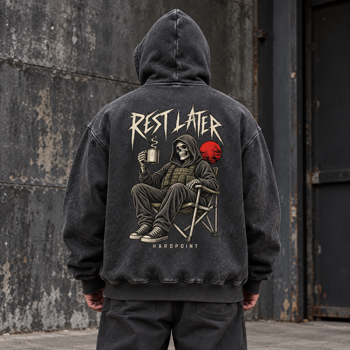 Rest Later Hoodie, Black, worn back view. AI-styled product mockup.