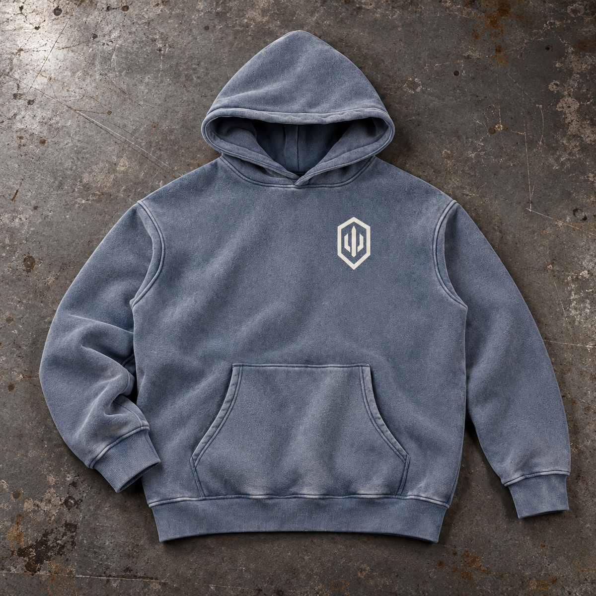 Rest Later Hoodie, Royal Blue, front view on concrete. AI-styled product mockup.