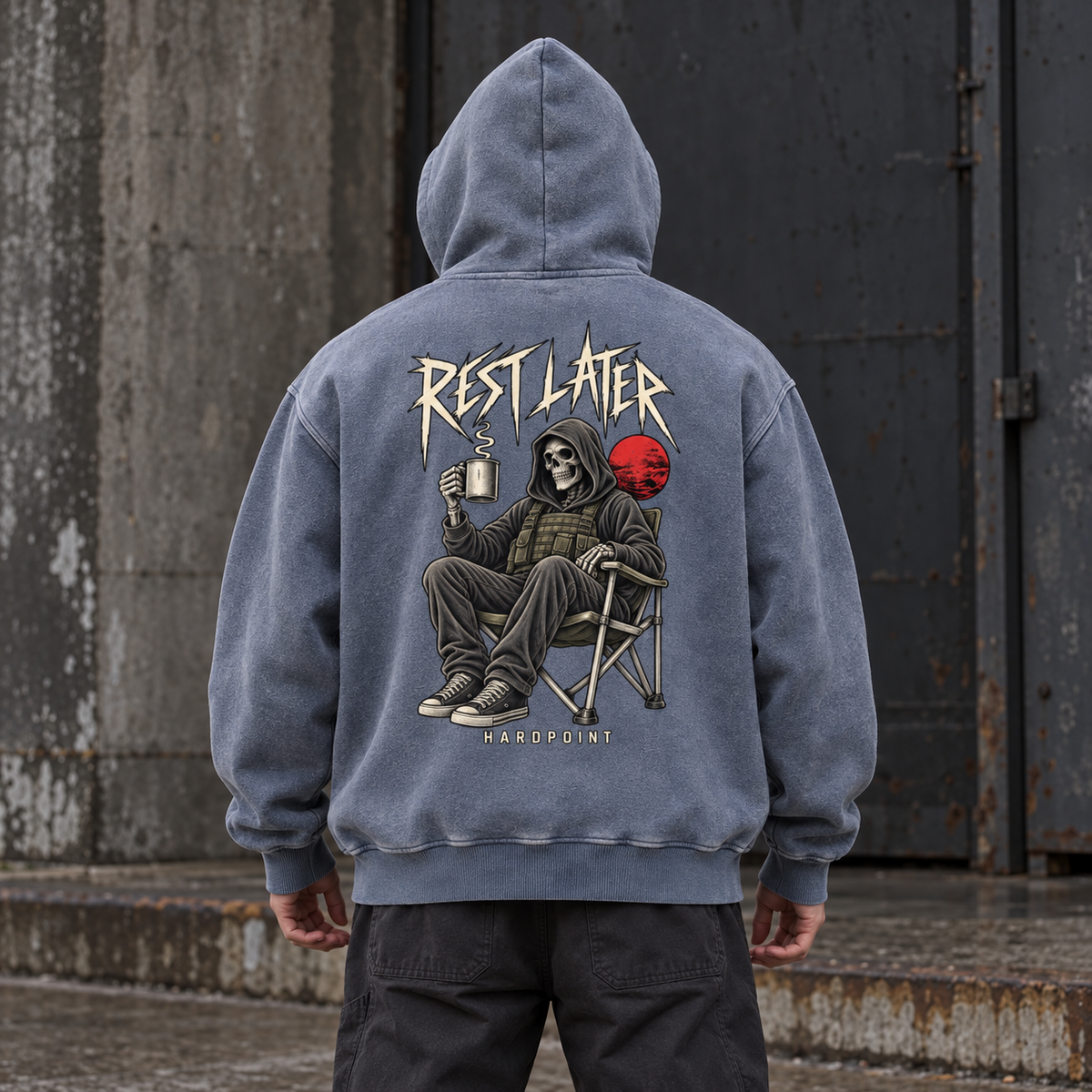 Rest Later Hoodie, Royal Blue, worn back view. AI-styled product mockup.